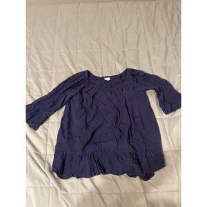 Beachlunchlounge Womens Navy Blue Crinkle Blouse With Ruffle Hem & 3/4 Sleeves X